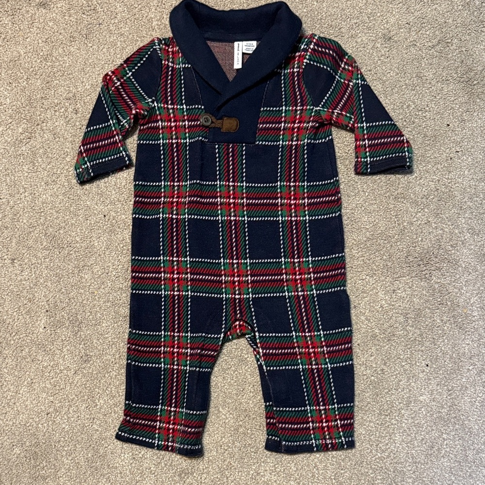 Janie & Jack Navy Blue Plaid 100% Cotton Long Sleeve One Piece Size 3-6 M